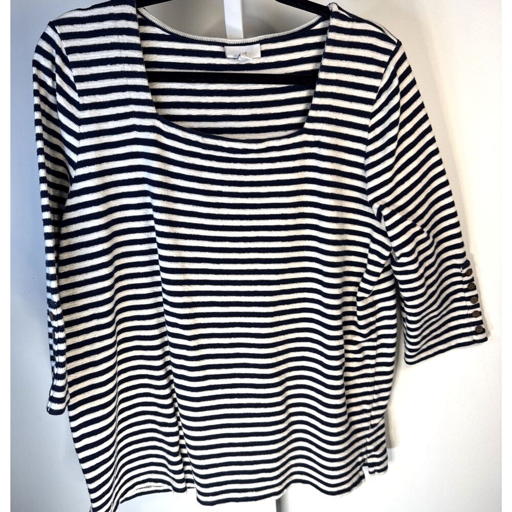 J Jill Women's XL Square Neck 3/4 Sleeve Navy White Striped Top Nautical 100% Co